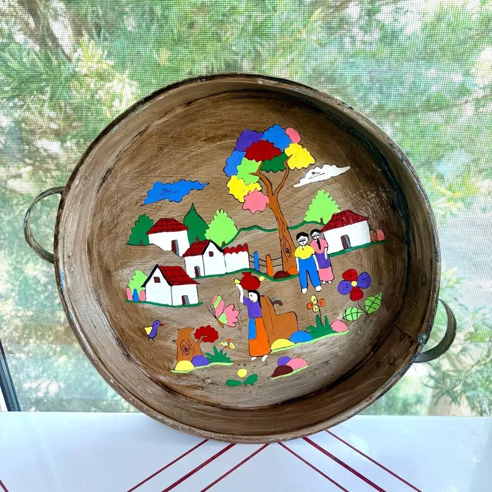 Vintage Hand Painted Folk Art Metal Tray Village Scene Round 14